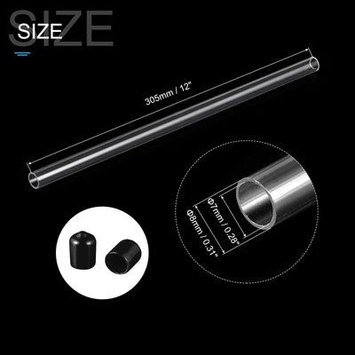 Harfington Clear Rigid Tube Round Plastic Tubing with Black Rubber Caps Polycarbonate Water Pipe, 305mm/ 12 Inch Length, 7mmx8mm/0.28"x0.31", 1 Set
