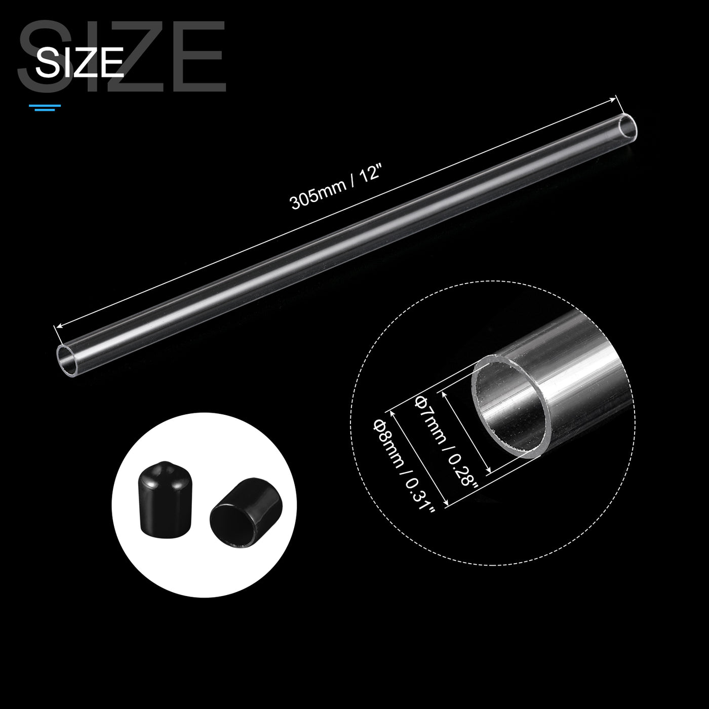Harfington Clear Rigid Tube Round Plastic Tubing with Black Rubber Caps Polycarbonate Water Pipe, 305mm/ 12 Inch Length, 7mmx8mm/0.28"x0.31", 2 Set