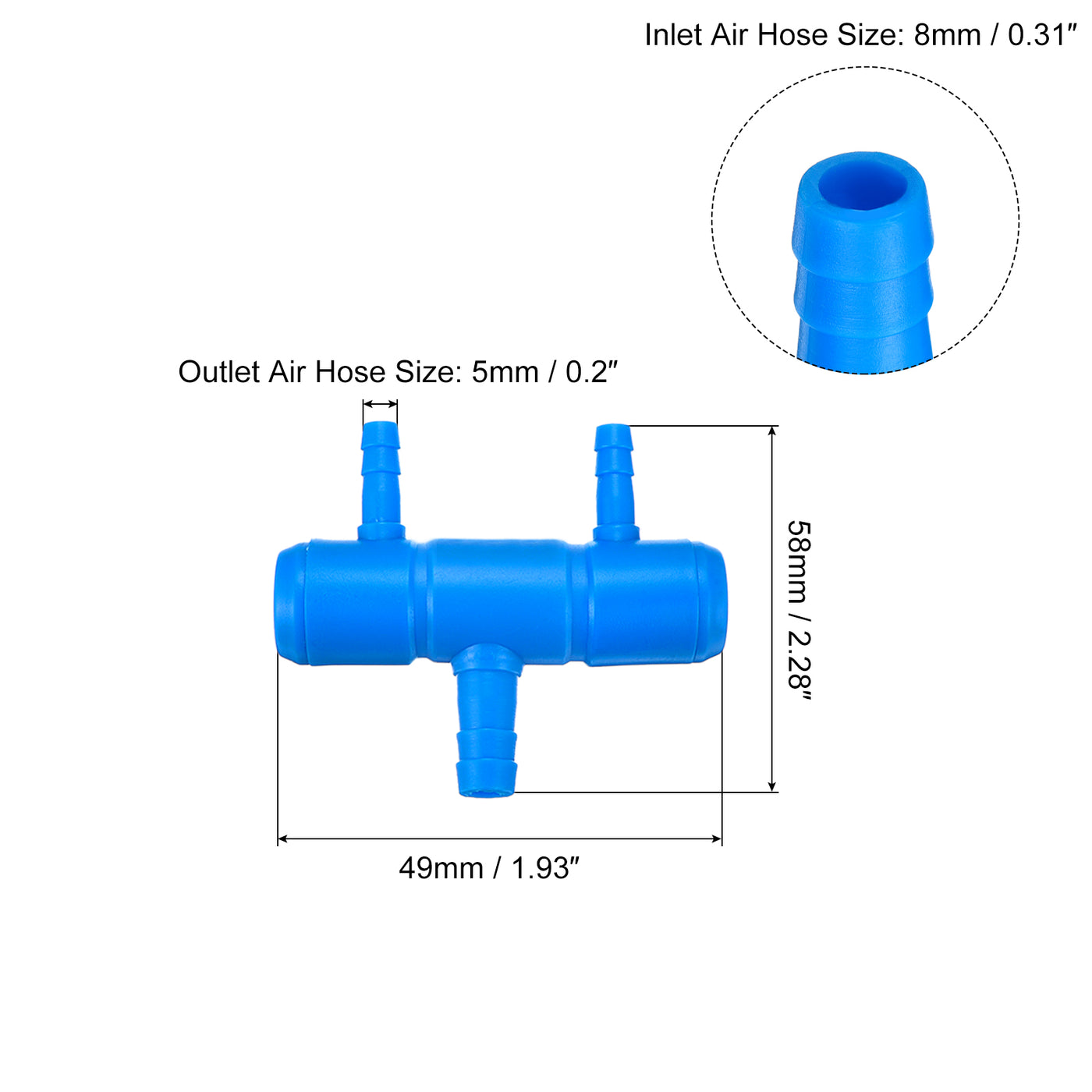 uxcell Uxcell Air Line Tubing Splitter Connector, 5Pcs 8mm/0.31" to 5mm/0.2" 2 Way, Blue