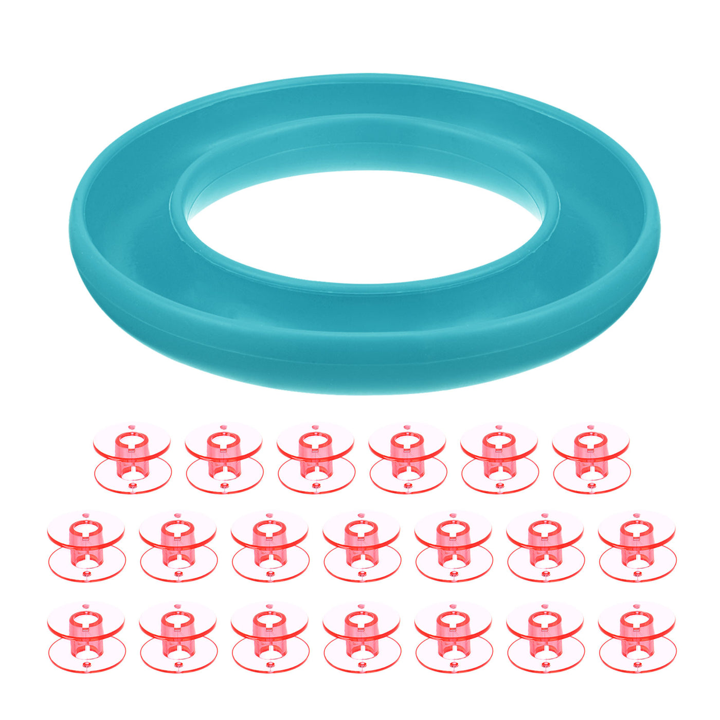Harfington Silicone Bobbin Ring Holder and 20 Plastic Bobbins Set, Light Blue/Red