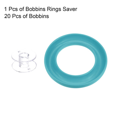 Harfington Silicone Bobbin Ring Holder and 20 Plastic Bobbins Set, Light Blue & Transparent