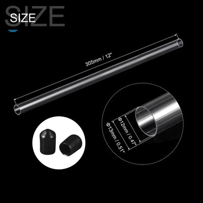 Harfington Clear Rigid Tube Round Plastic Tubing with Black Rubber Caps Polycarbonate Water Pipe, 305mm/ 12 Inch Length, 12mmx13mm/0.47"x0.51", 1 Set