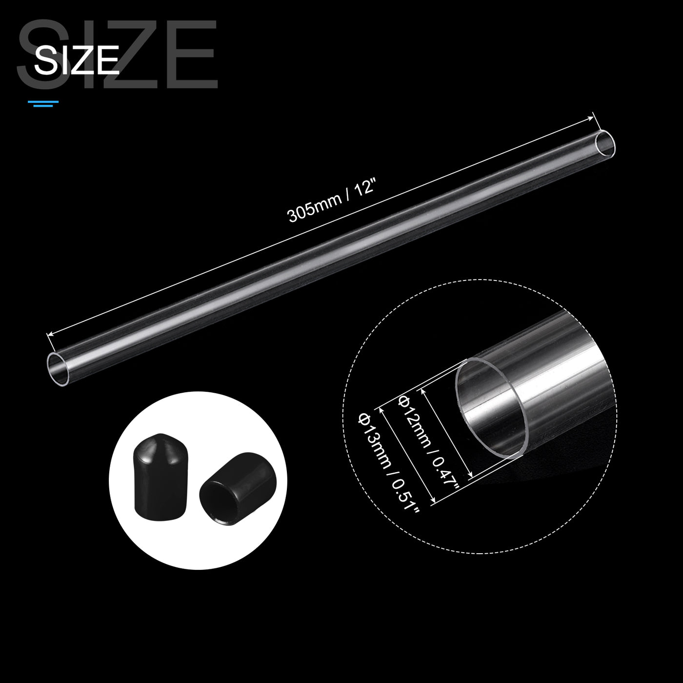 Harfington Clear Rigid Tube Round Plastic Tubing with Black Rubber Caps Polycarbonate Water Pipe, 305mm/ 12 Inch Length, 12mmx13mm/0.47"x0.51", 2 Set