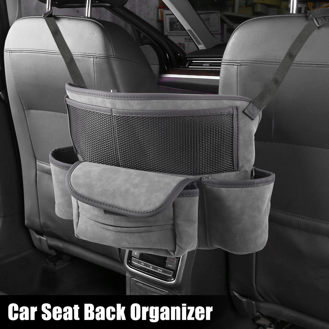 X AUTOHAUX Car Seat Back Organizer Large Capacity Car Handbag Holder Automotive Storage Bag for Document Phone Storage Faux Leather Gray