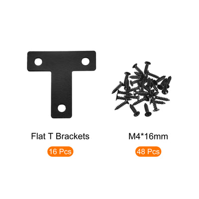 Harfington T Shape Bracket, 40x40x1mm Carbon Steel Mending Plates for Joint Fastener with Mounting Screws Black 16Pcs