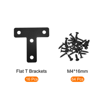 Harfington T Shape Bracket, 50x50x1mm Carbon Steel Mending Plates for Joint Fastener with Mounting Screws Black 16Pcs