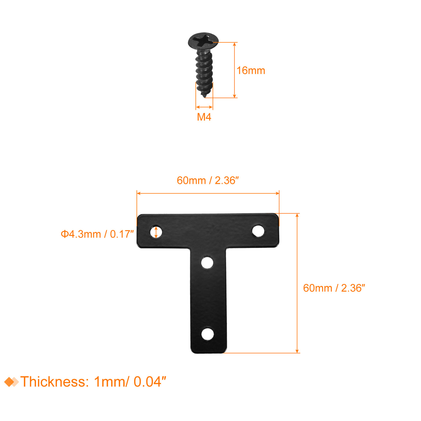 Harfington T Shape Bracket, 60x60x1mm Carbon Steel Mending Plates for Joint Fastener with Mounting Screws Black 16Pcs