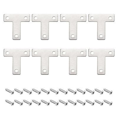 Harfington T Shape Bracket, 40x40x1mm Stainless Steel Mending Plates for Joint Fastener with Mounting Screws Silver Tone 8Pcs