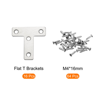 Harfington T Shape Bracket, 50x50x1mm Stainless Steel Mending Plates for Joint Fastener with Mounting Screws Silver Tone 16Pcs