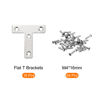 Harfington T Shape Bracket, 60x60x1mm Stainless Steel Mending Plates for Joint Fastener with Mounting Screws Silver Tone 16Pcs