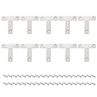 Harfington T Shape Bracket, 60x60x1mm Stainless Steel Mending Plates for Joint Fastener with Mounting Screws Silver Tone 16Pcs