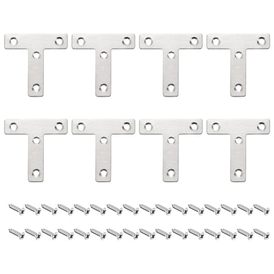 Harfington T Shape Bracket, 60x60x1mm Stainless Steel Mending Plates for Joint Fastener with Mounting Screws Silver Tone 8Pcs