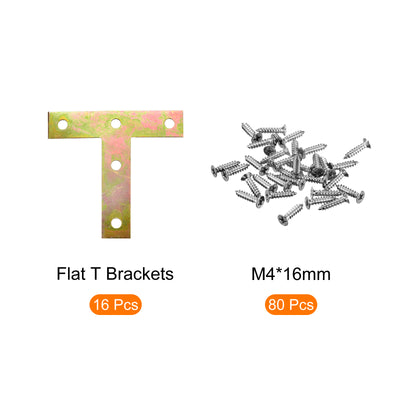 Harfington T Shape Bracket, 70x70x1mm Cold Rolled Steel Mending Plates for Joint Fastener with Mounting Screws Color Zinc 16Pcs