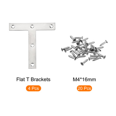 Harfington T Shape Bracket, 120x120x2mm Stainless Steel Mending Plates for Joint Fastener with Mounting Screws Silver Tone 4Pcs