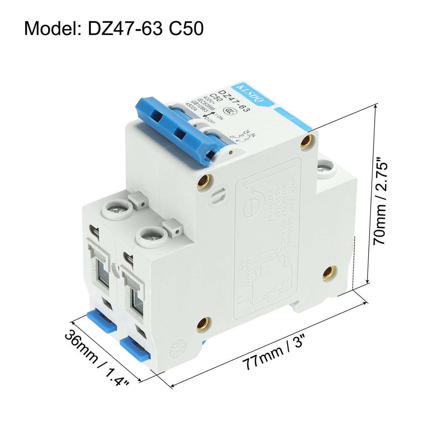 Harfington Miniature Circuit Breaker Low Voltage AC 50A 400V 2 Pole DZ47-63 C50