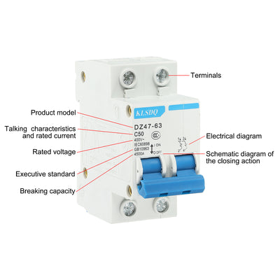 Harfington Miniature Circuit Breaker Low Voltage AC 50A 400V 2 Pole DZ47-63 C50