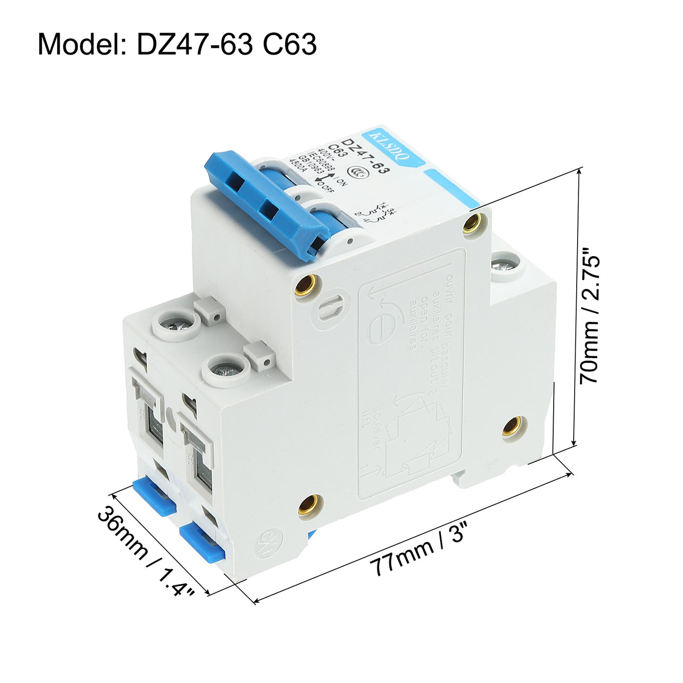 Harfington Miniature Circuit Breaker Low Voltage AC 63A 400V 2 Pole DZ47-63 C63