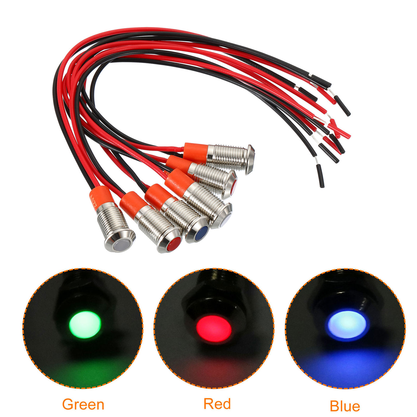 Harfington AC 220V 8mm Metal Indicator Lights, 6 Pack Flush Panel Mount Waterproof LED Signal with 150mm Cable, Red Blue White