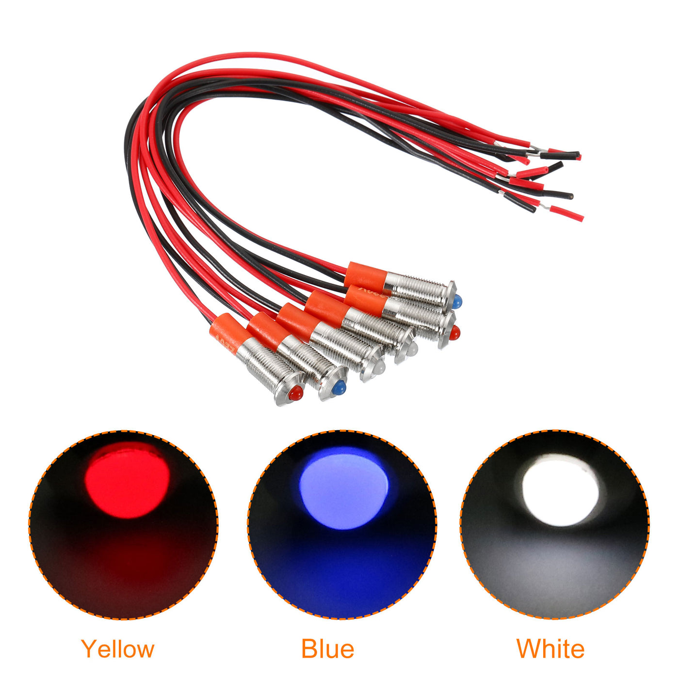 Harfington AC 220V 6mm Metal Indicator Lights, 6 Pack Convex Head Panel Mount Waterproof LED Signal with 150mm Cable, Red Blue White