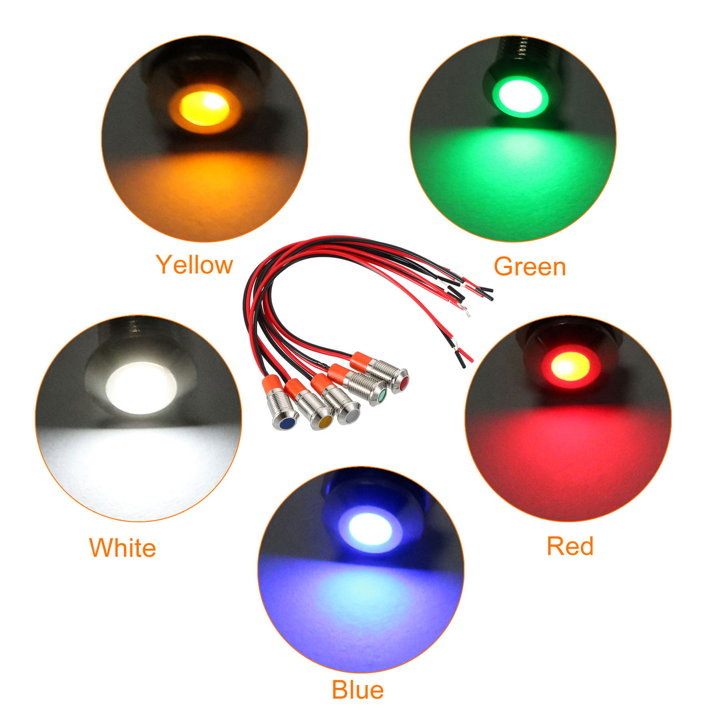 Harfington AC/DC 12-24V 8mm Metal Indicator Lights, 5 Pack Flush Panel Mount Waterproof LED Signal with 150mm Cable, Multicolor