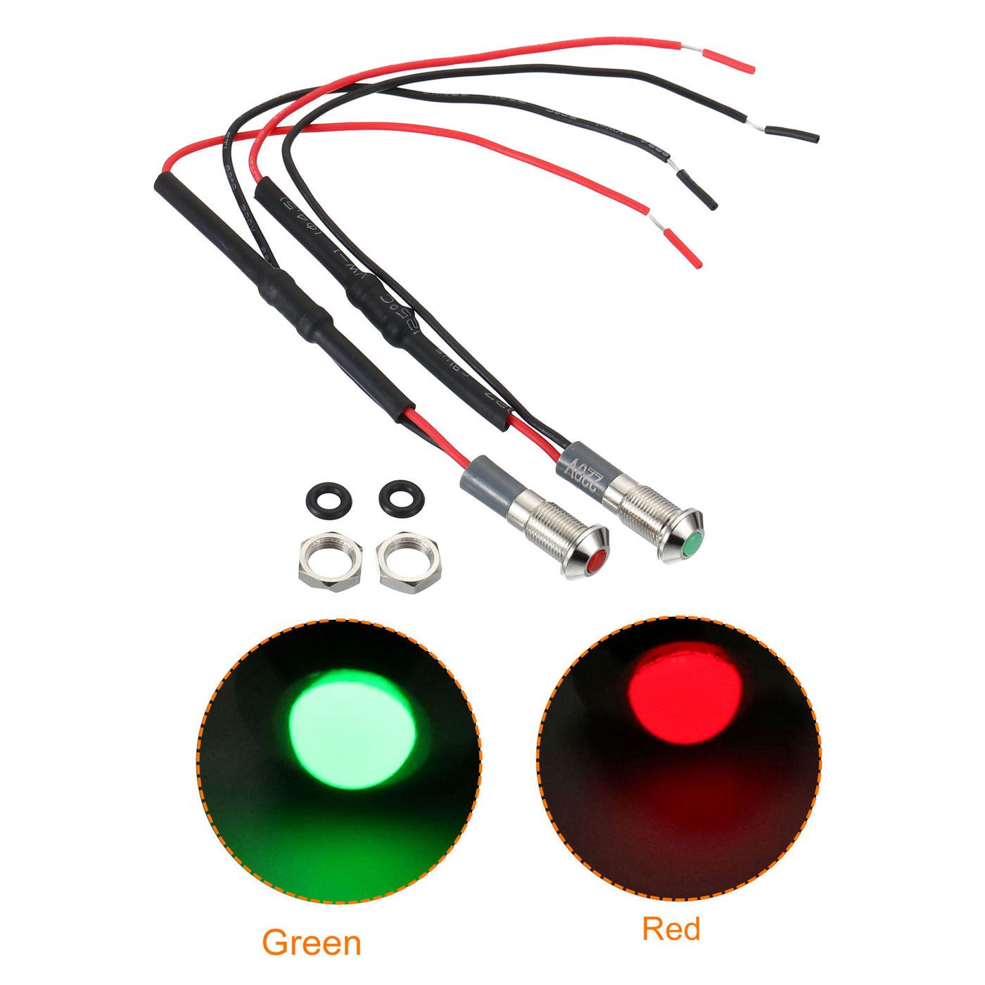 Harfington 2Pcs 220V 6mm Indicator Lights Flush Panel Mount with Cable Red Green