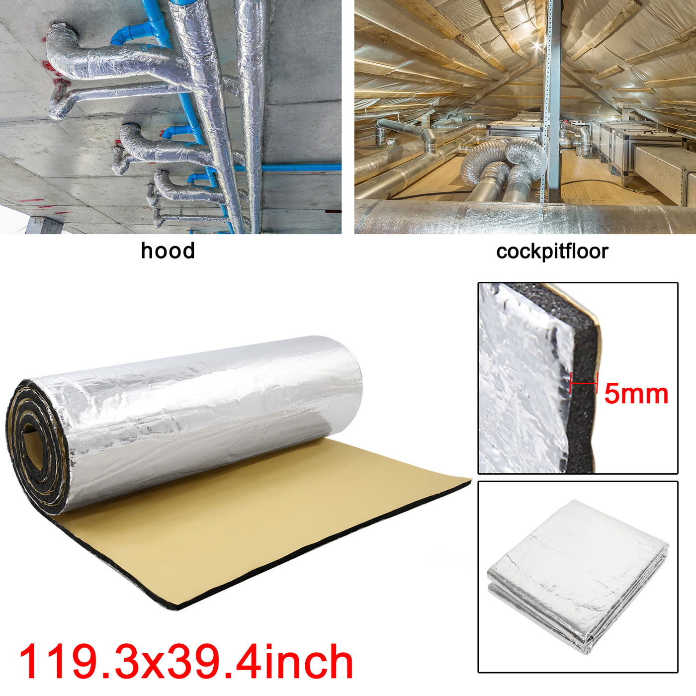 uxcell Uxcell 197mil 32.6sqft Heat Sound Deadening Mat for Factory Farm Roof and Water Pipe Thermal Acoustic Insulation 119.3x39.4inch