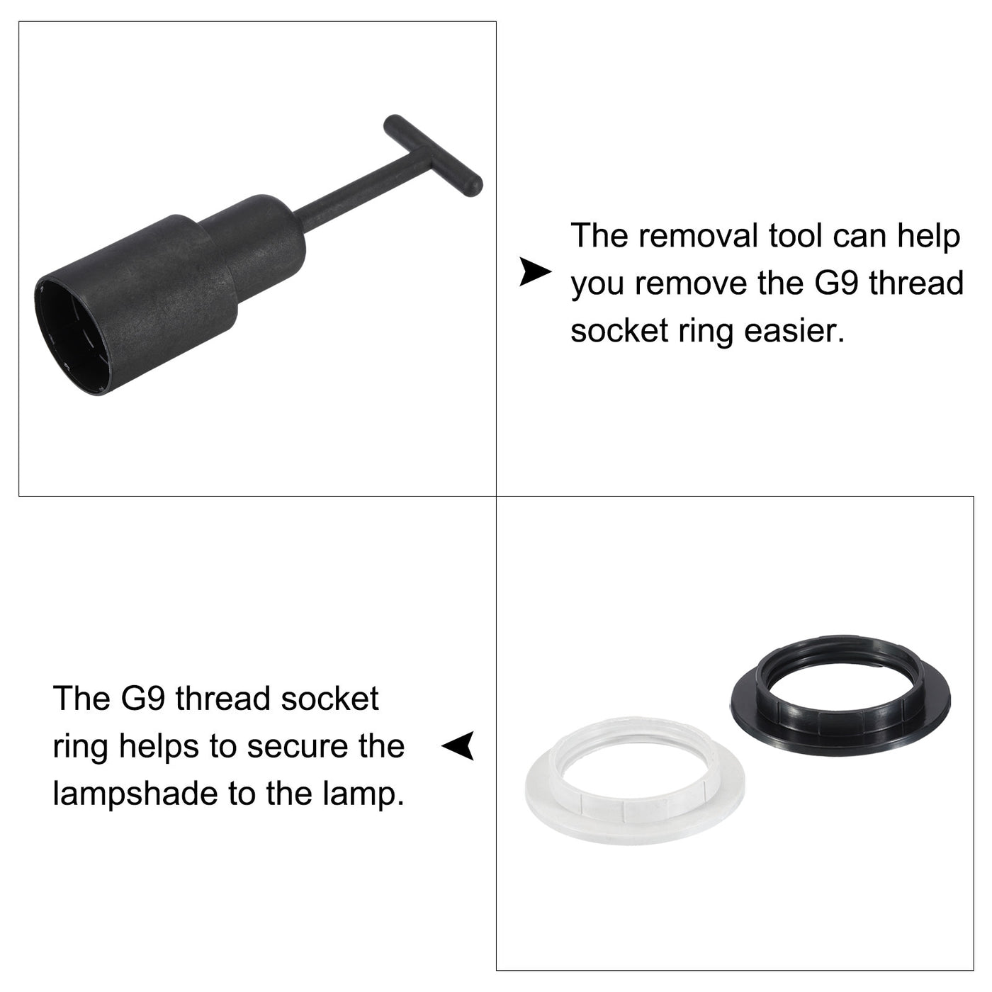 Harfington E14/E27 Light Socket Rings Metal Lamp Shade Holder Ring Replacement with Removal Tool Black White 1 Set