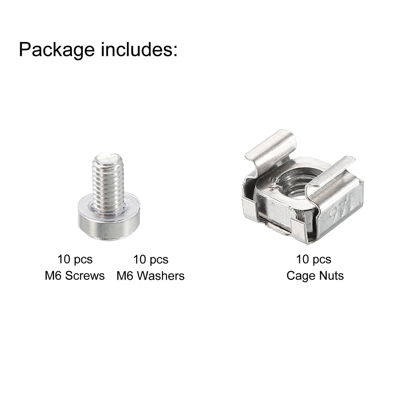 Harfington Rack Mount Cage Nut M6x10mm 304 Stainless Steel with Washer, Silver Tone 10Set