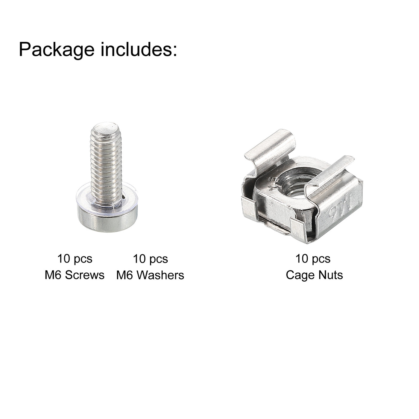 Harfington Rack Mount Cage Nut M6x15mm 304 Stainless Steel with Washer, Silver Tone 10Set