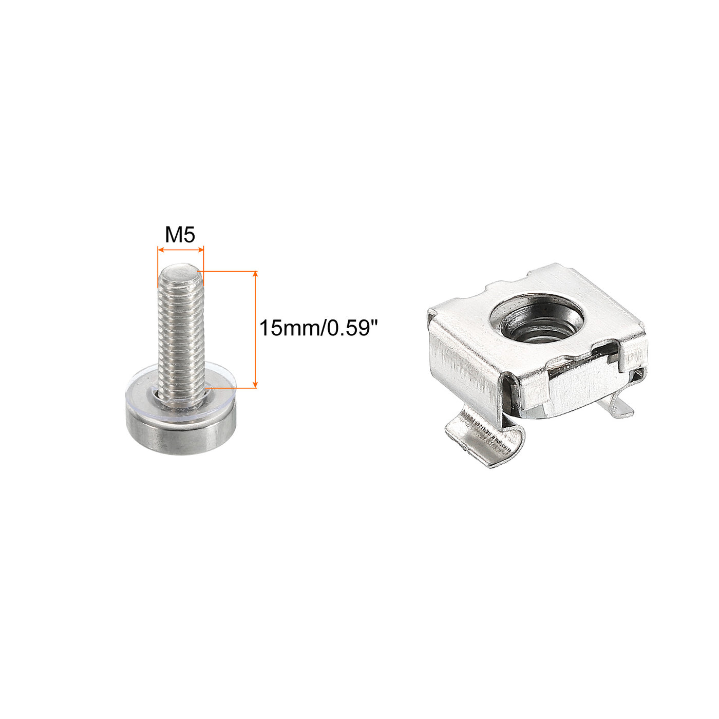 Harfington Rack Mount Cage Nut M5x15mm 304 Stainless Steel with Washer, Silver Tone 20Set