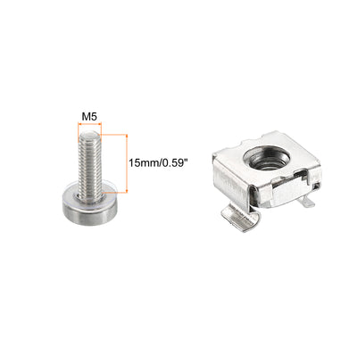 Harfington Rack Mount Cage Nut M5x15mm 304 Stainless Steel with Washer, Silver Tone 20Set