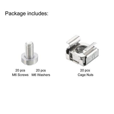 Harfington Rack Mount Cage Nut M6x10mm 304 Stainless Steel with Washer, Silver Tone 20Set