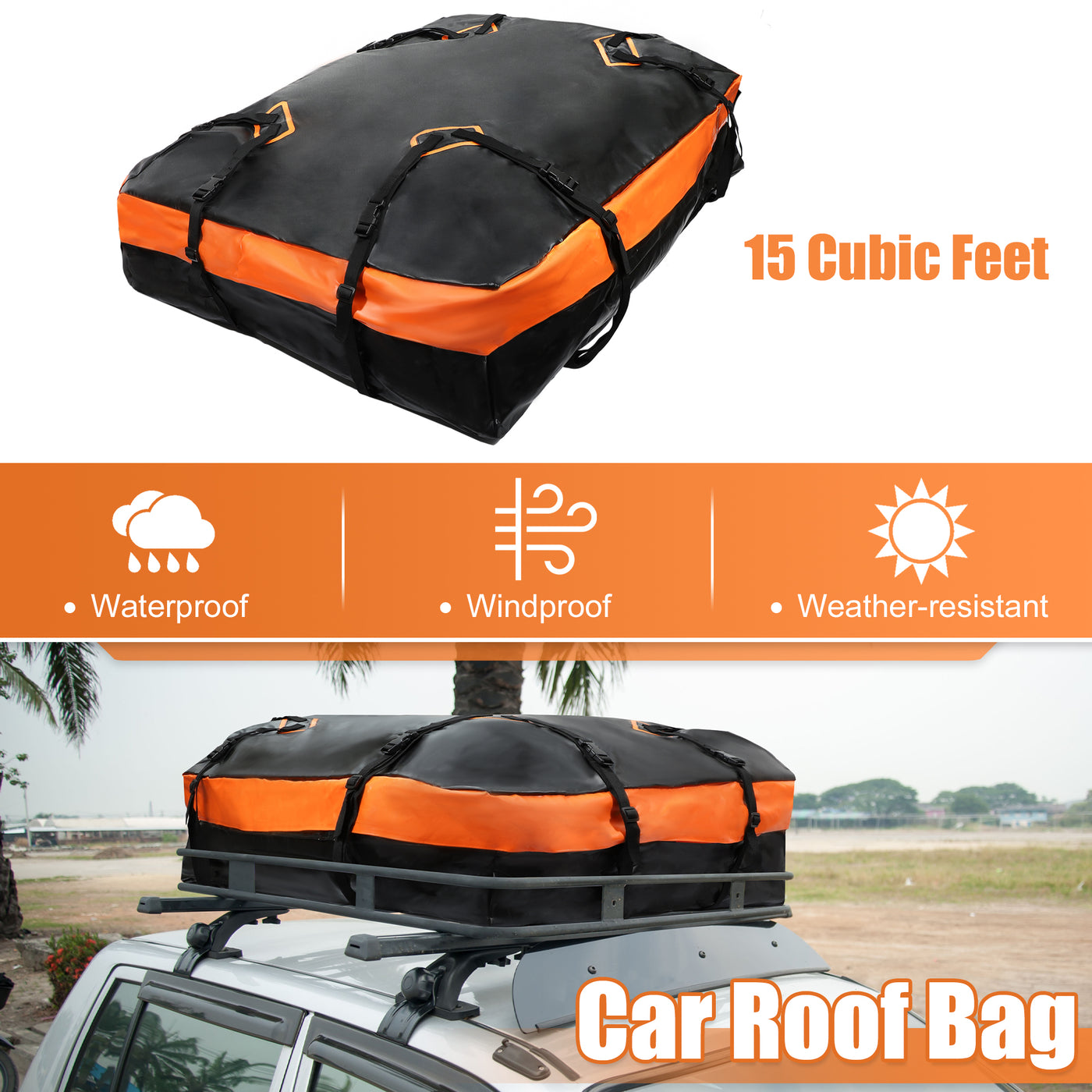 X AUTOHAUX 15 Cubic Feet Car Roof Bag Rooftop Cargo Carrier Bag Waterproof Luggage Carriers for Cars with or without Rack Anti-Slip Mat 4 Door Hooks Set