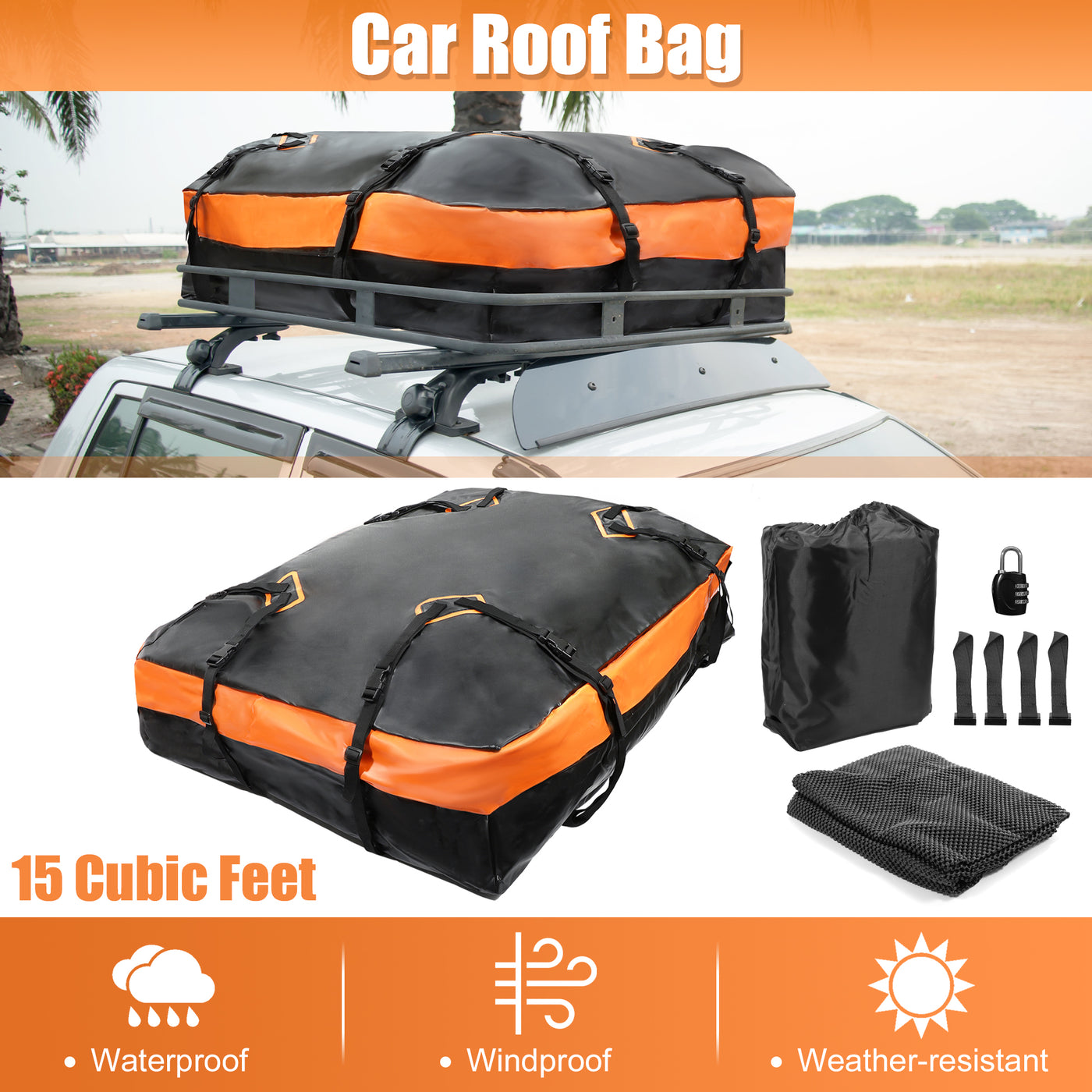 X AUTOHAUX 15 Cubic Feet Car Roof Bag Rooftop Cargo Carrier Bag Waterproof Luggage Carriers for Cars with or without Rack Anti-Slip Mat 4 Door Hooks Set