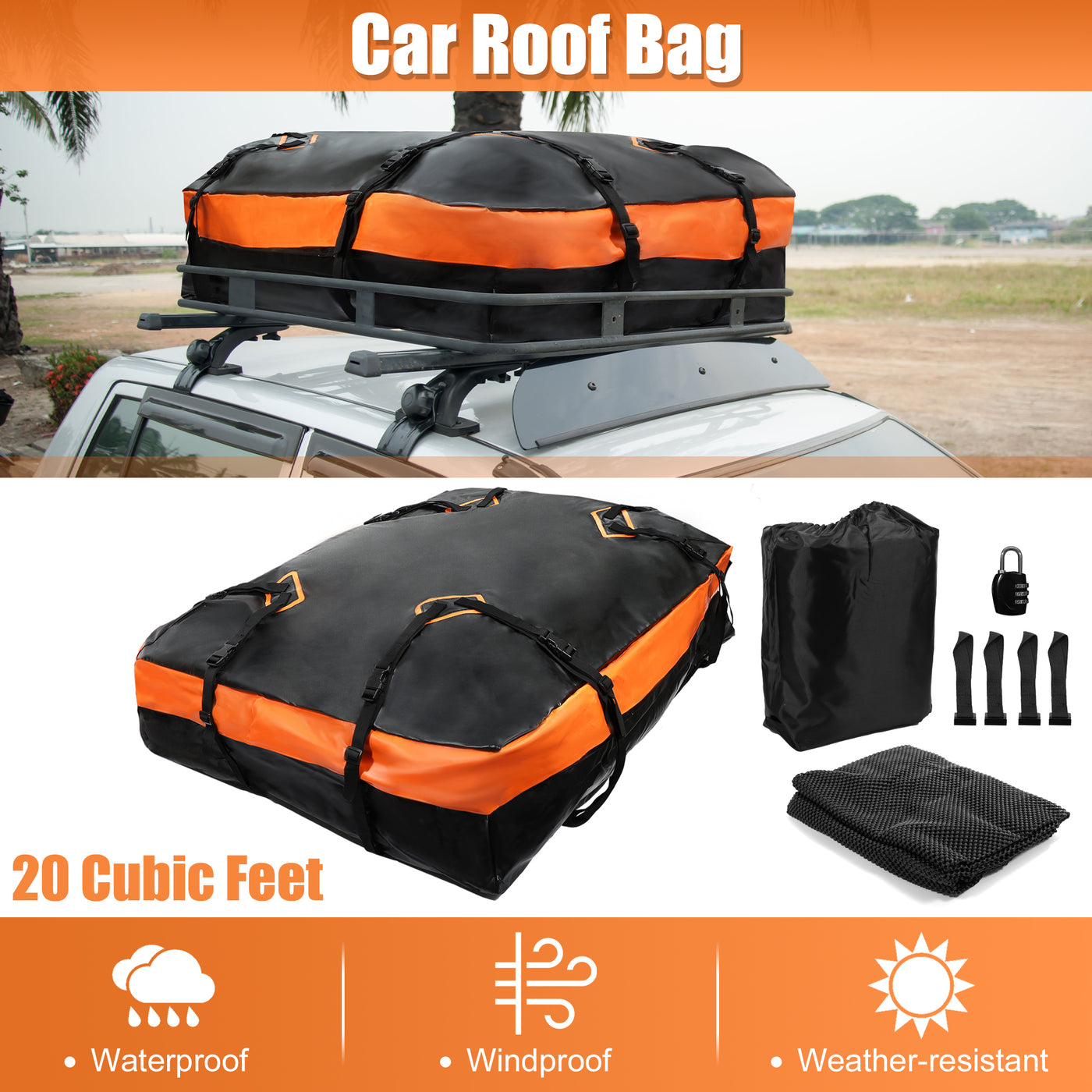 X AUTOHAUX 21 Cubic Feet Car Roof Bag Rooftop Cargo Carrier Bag Waterproof Luggage Carriers for Cars with or without Rack Anti-Slip Mat 6 Door Hooks Set