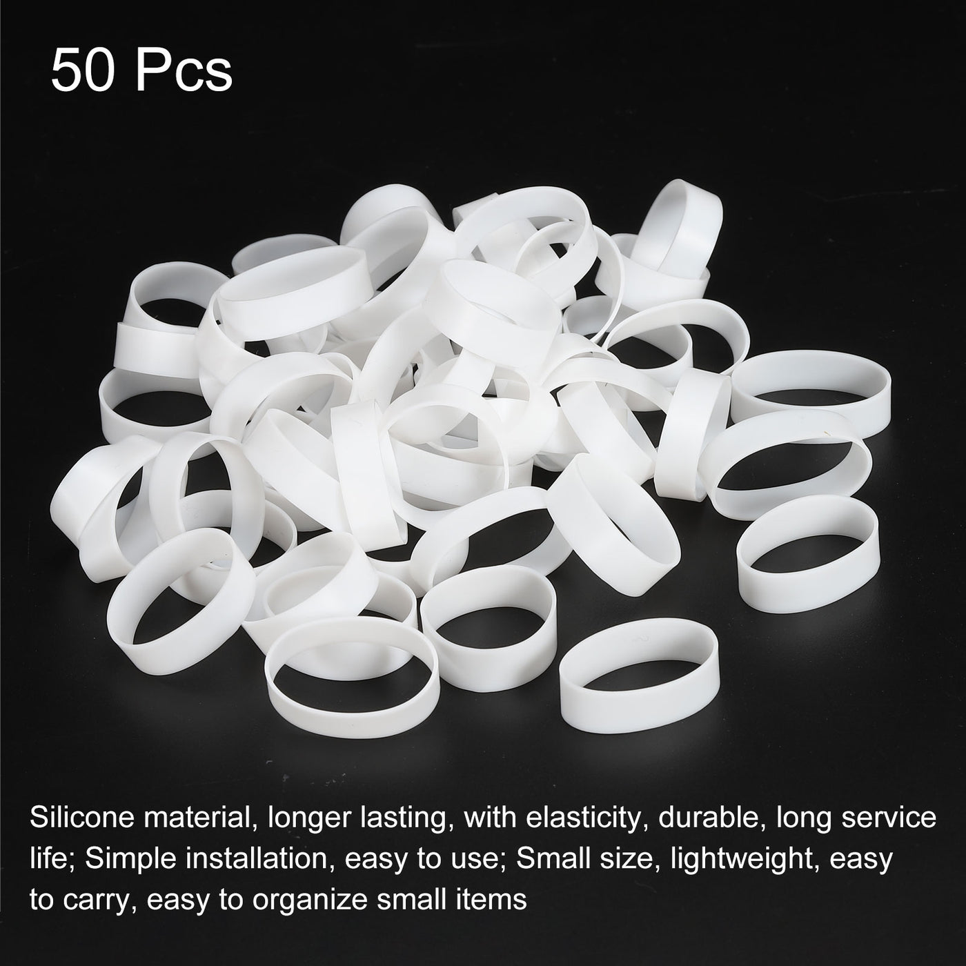 Harfington Silicone Rubber Bands Rings 50pcs Non-slip 1 1/4" Flat White for Books, Art, Boxes, Cord Wrapping, Bag Wraps
