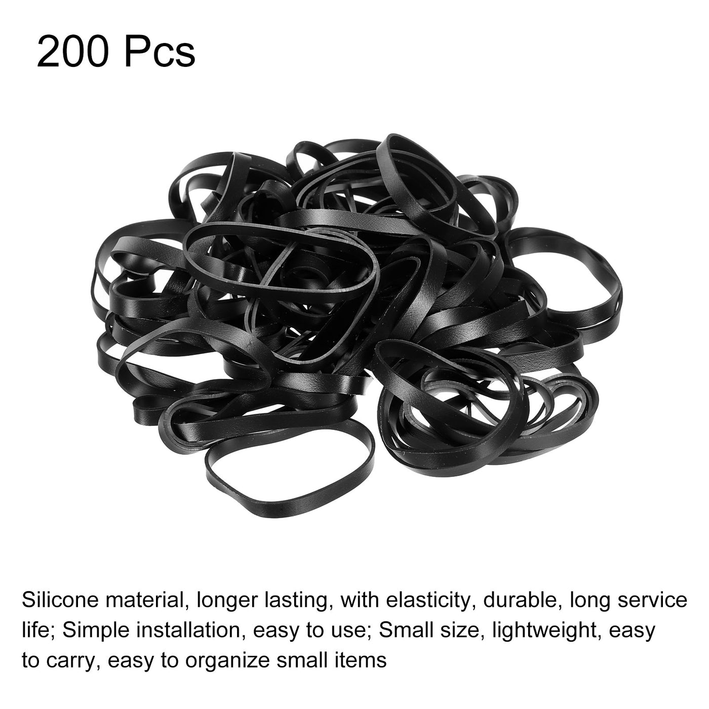 Harfington Silicone Rubber Bands Rings 200pcs Non-slip 2.2" Flat Black for Books, Art, Boxes, Cord Wrapping, Bag Wraps