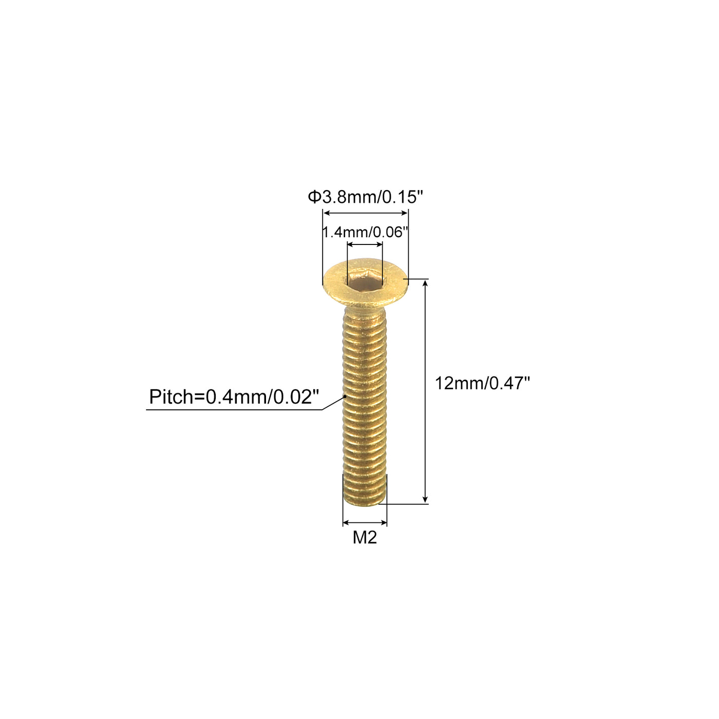 uxcell Uxcell Flat Head Socket Cap Screws, M2-0.4 x 12mm Brass Inner Hex Drive Fasteners Bolts 50Pcs