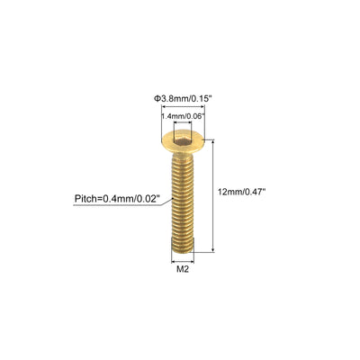 Harfington Uxcell Flat Head Socket Cap Screws, M2-0.4 x 12mm Brass Inner Hex Drive Fasteners Bolts 50Pcs
