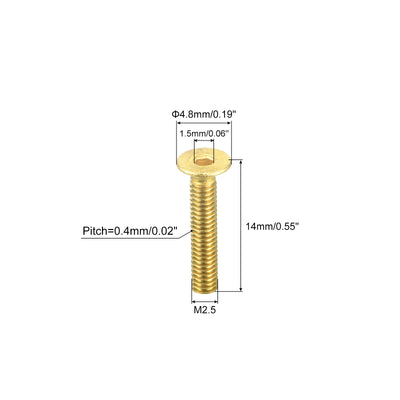 Harfington Uxcell Flat Head Socket Cap Screws, M2.5-0.45 x 14mm Brass Inner Hex Drive Fasteners Bolts 50Pcs