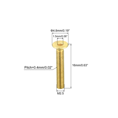 Harfington Uxcell Flat Head Socket Cap Screws, M2.5-0.45 x 16mm Brass Inner Hex Drive Fasteners Bolts 50Pcs