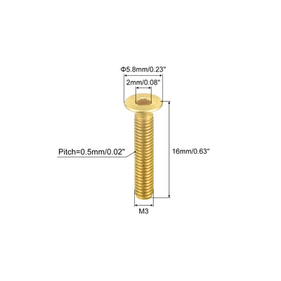 Harfington Uxcell Flat Head Socket Cap Screws, M3-0.5 x 16mm Brass Inner Hex Drive Fasteners Bolts 6Pcs