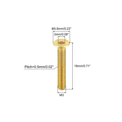Harfington Uxcell Flat Head Socket Cap Screws, M3-0.5 x 18mm Brass Inner Hex Drive Fasteners Bolts 24Pcs