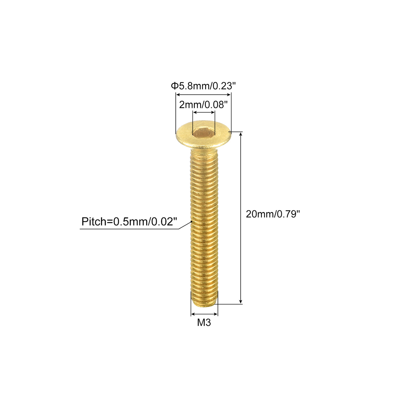 uxcell Uxcell Flat Head Socket Cap Screws, M3-0.5 x 20mm Brass Inner Hex Drive Fasteners Bolts 6Pcs