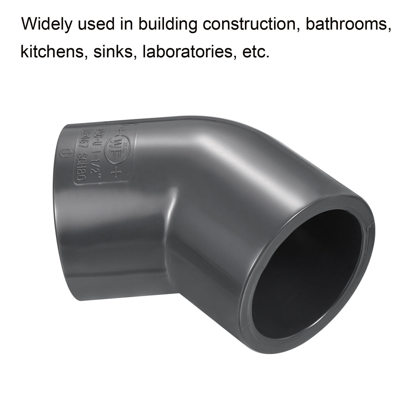 Harfington UPVC Pipe Fitting Elbow Schedule 80 1-1/2" Socket, 45 Degree Adapter Connector, Gray
