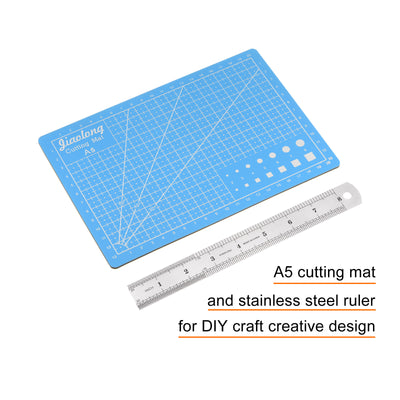 Harfington Cutting Mat & Metal Ruler Set A5 Blue Mat 20CM 0.7mm Thick Ruler