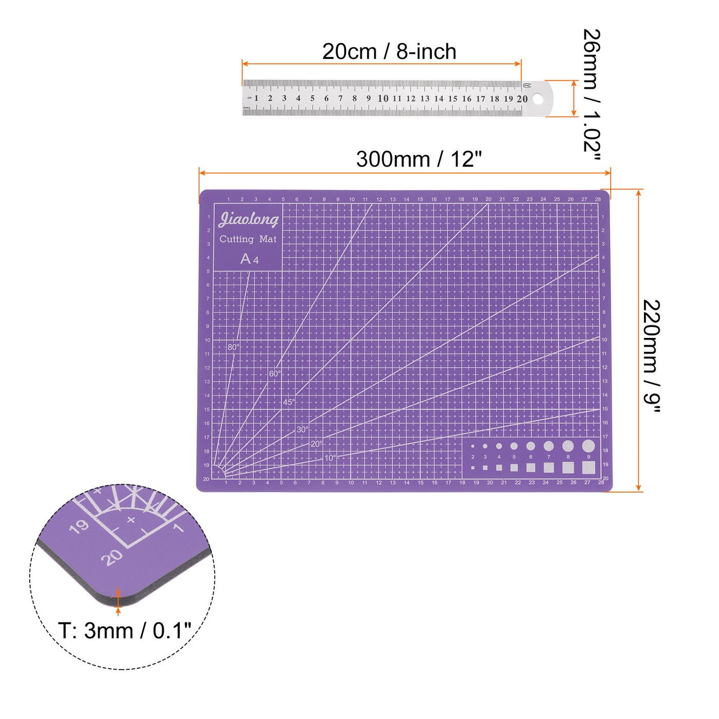 Harfington Cutting Mat & Metal Ruler Set A4 Purple Mat 20CM 0.7mm Thick Ruler