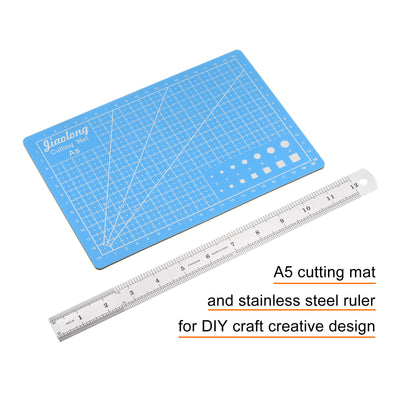 Harfington Cutting Mat & Metal Ruler Set A5 Blue Mat 30CM 0.8mm Thick Ruler