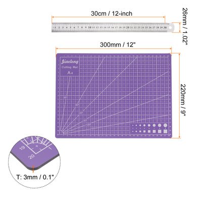 Harfington Cutting Mat & Metal Ruler Set A4 Purple Mat 30CM 0.8mm Thick Ruler