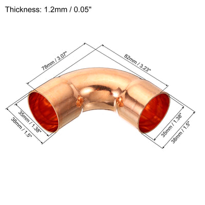 Harfington 35mm (1.38") ID Elbow Copper Pipe Fitting, 90 Degree Short Turn Pressure Connector Sweat Solder Welding Connection for Water HVAC Plumbing